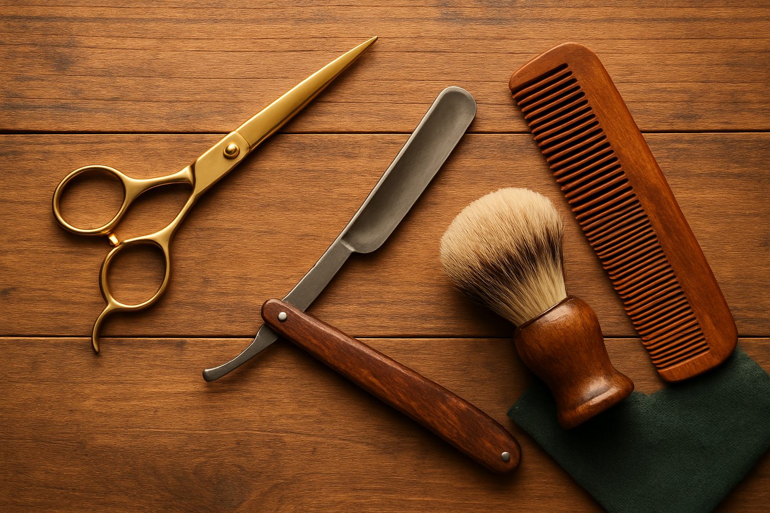 Barber tools laid out on dark wood: gold scissors, a folding straight razor, a shaving brush and a wooden comb.